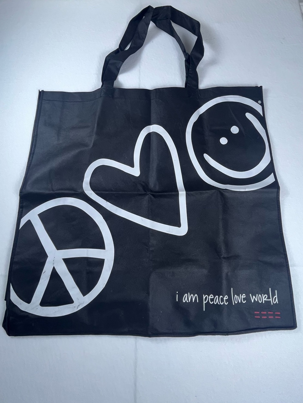 Peace Love World Black Reusable Tote Bag NWOT Graphic Peace Heart Smiley sku 175
